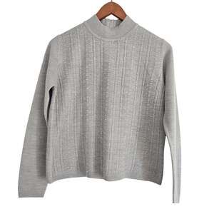 Y2K Drapers & Damons Grey Mock Neck Ribbed Sparkle Sweater XSP Quiet Luxury Cozy